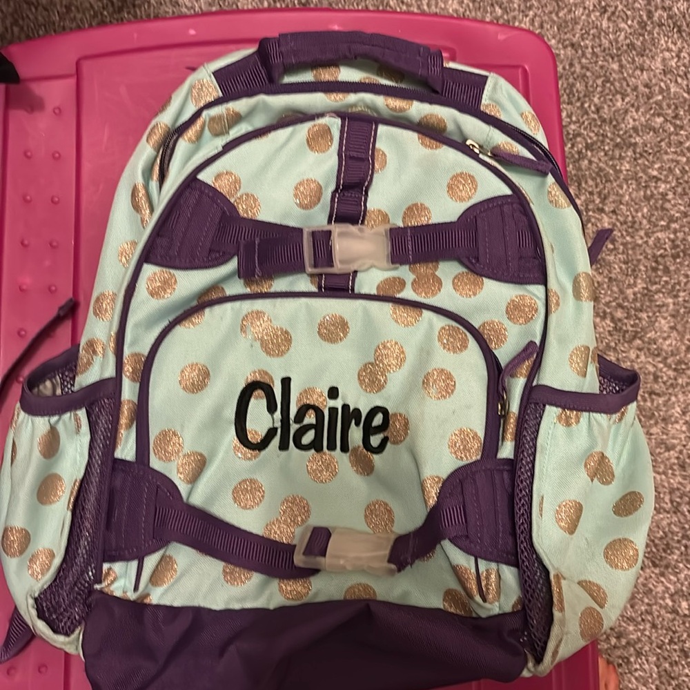 Pottery barn backpack with name of “Claire” on it